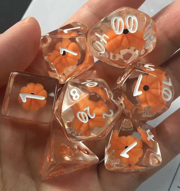 Pumpkin Polyhedrals- 7 pc Polyhedral Dice Set With Tiny Pumpkins Inside