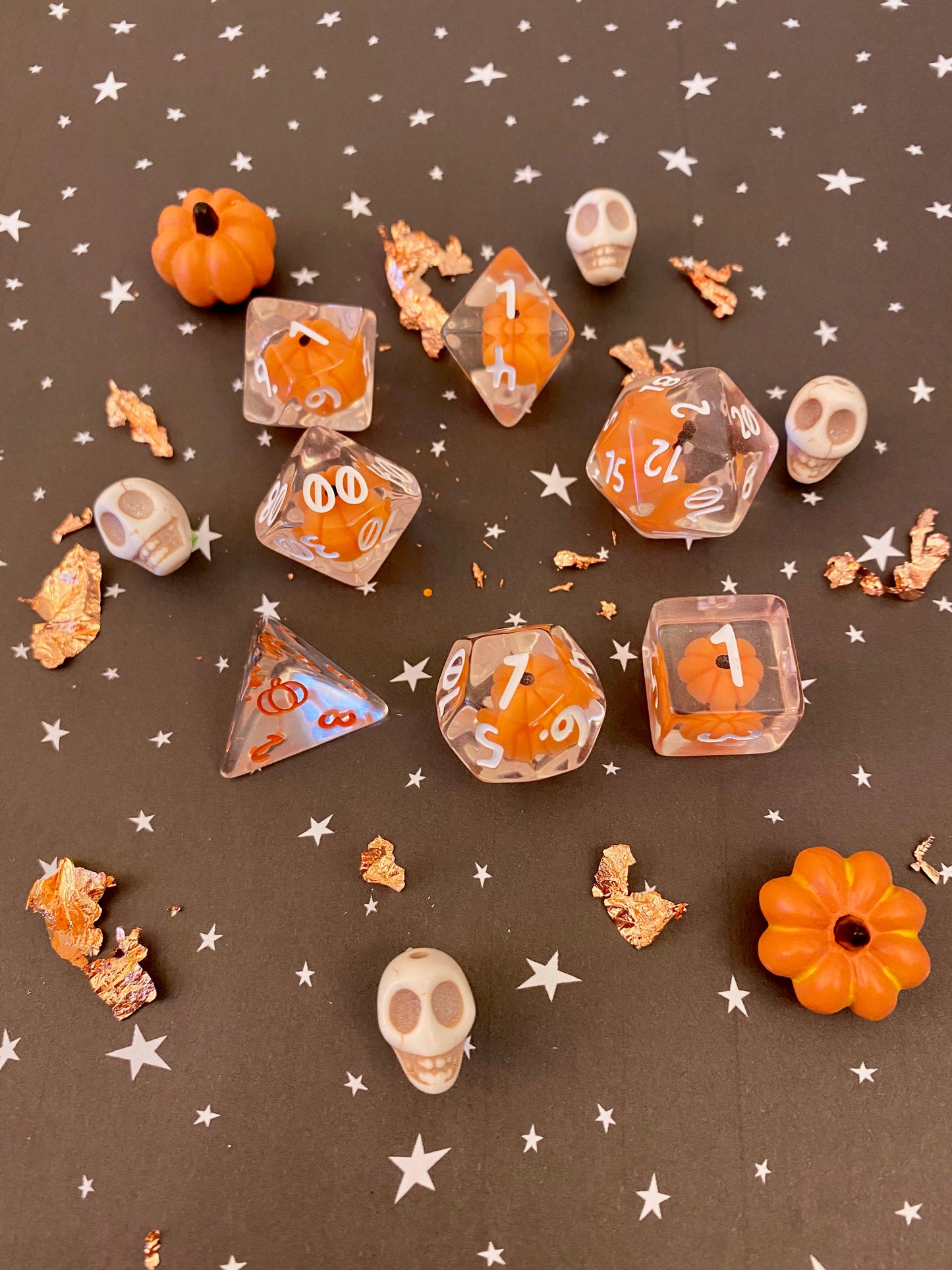 Pumpkin Polyhedrals- 7 pc Polyhedral Dice Set With Tiny Pumpkins Inside