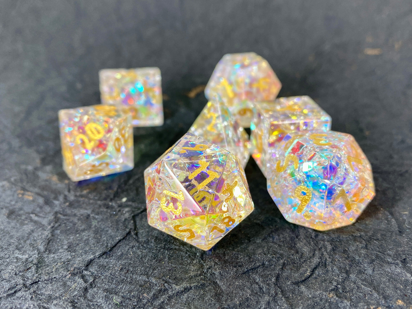 Chromatic Orb Rainbow Holographic Glass Dice Set