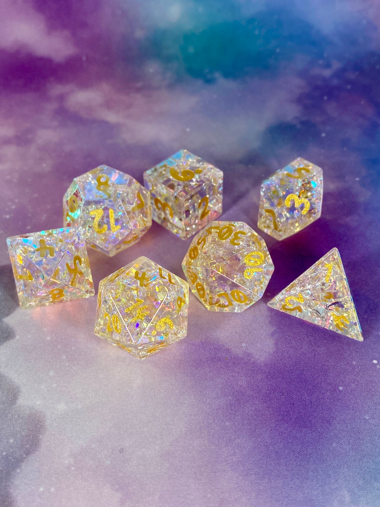 Chromatic Orb Rainbow Holographic Glass Dice Set