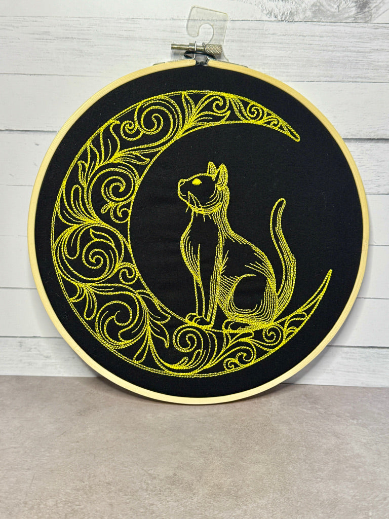Cat and Moon 8 inch Embroidery Hoop