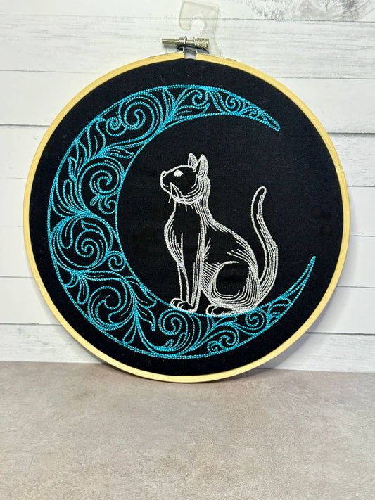 Cat and Moon 8 inch Embroidery Hoop