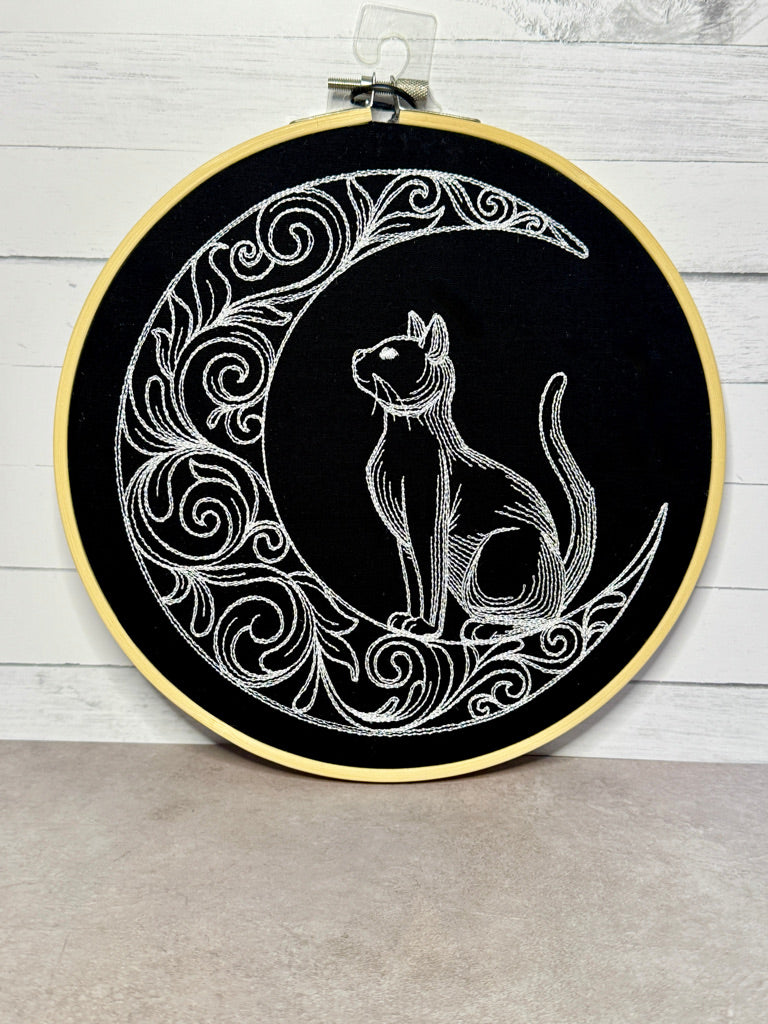 Cat and Moon 8 inch Embroidery Hoop
