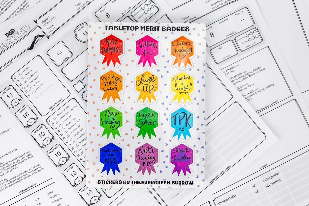 Tabletop Merit Badge Sticker Sheets D&D Stickers Achievement Mega Pack