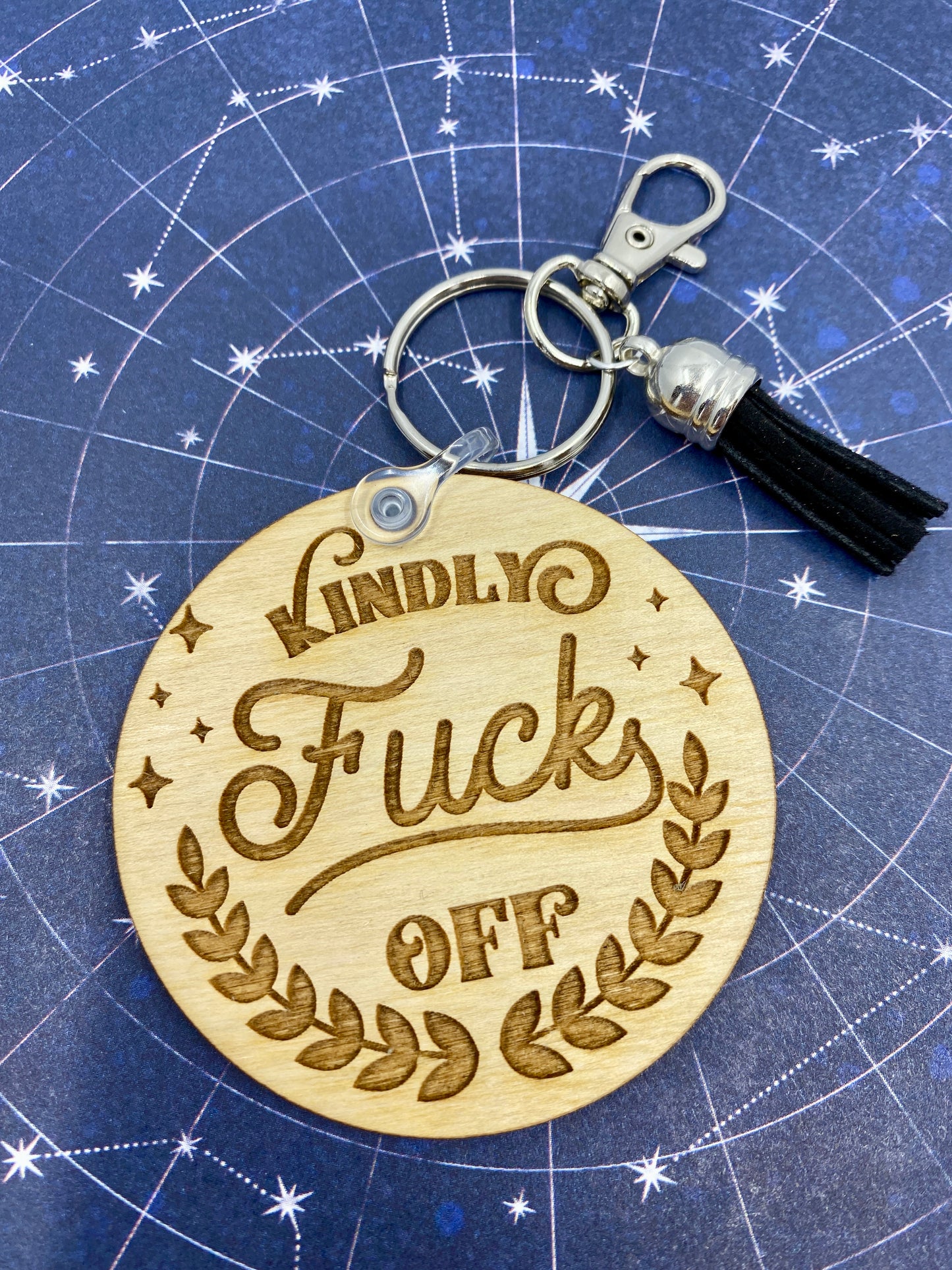 Kindly Fck Off Wooden Keychain with Tassel