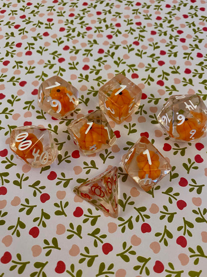 Pumpkin Polyhedrals- 7 pc Polyhedral Dice Set With Tiny Pumpkins Inside