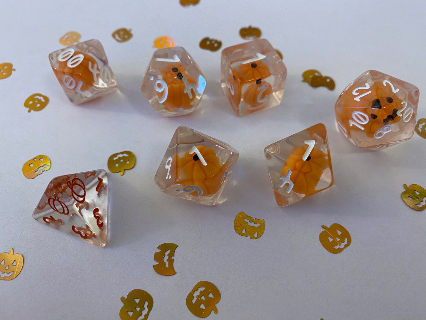 Pumpkin Polyhedrals- 7 pc Polyhedral Dice Set With Tiny Pumpkins Inside