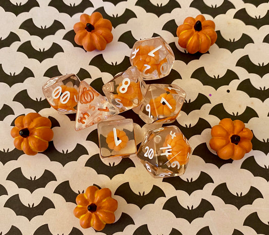 Pumpkin Polyhedrals- 7 pc Polyhedral Dice Set With Tiny Pumpkins Inside