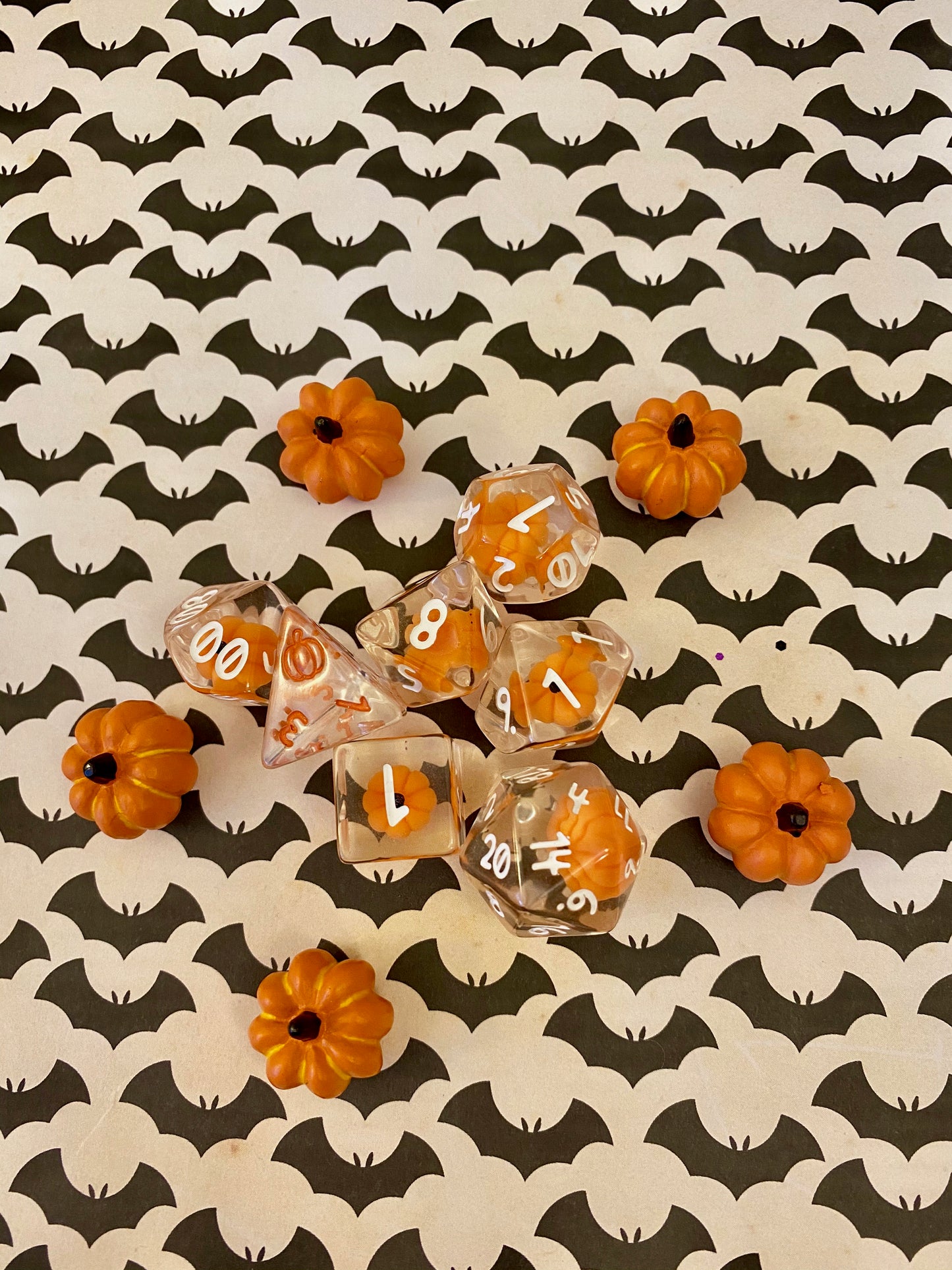 Pumpkin Polyhedrals- 7 pc Polyhedral Dice Set With Tiny Pumpkins Inside