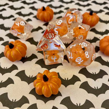 Pumpkin Polyhedrals- 7 pc Polyhedral Dice Set With Tiny Pumpkins Inside