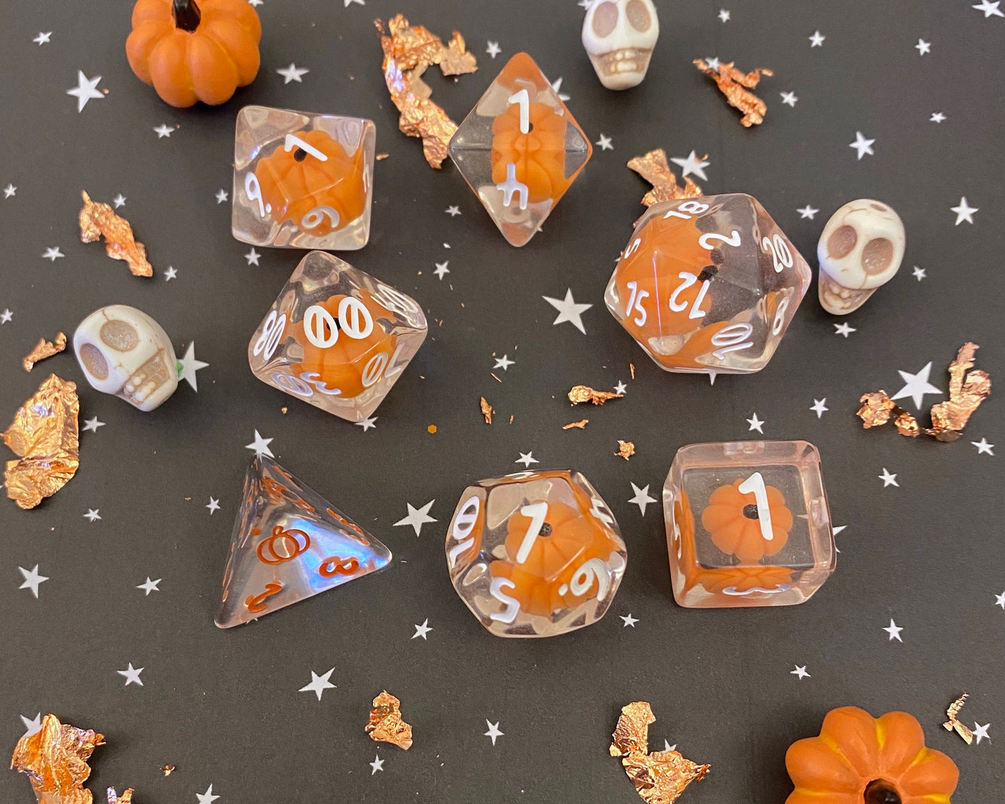 Pumpkin Polyhedrals- 7 pc Polyhedral Dice Set With Tiny Pumpkins Inside