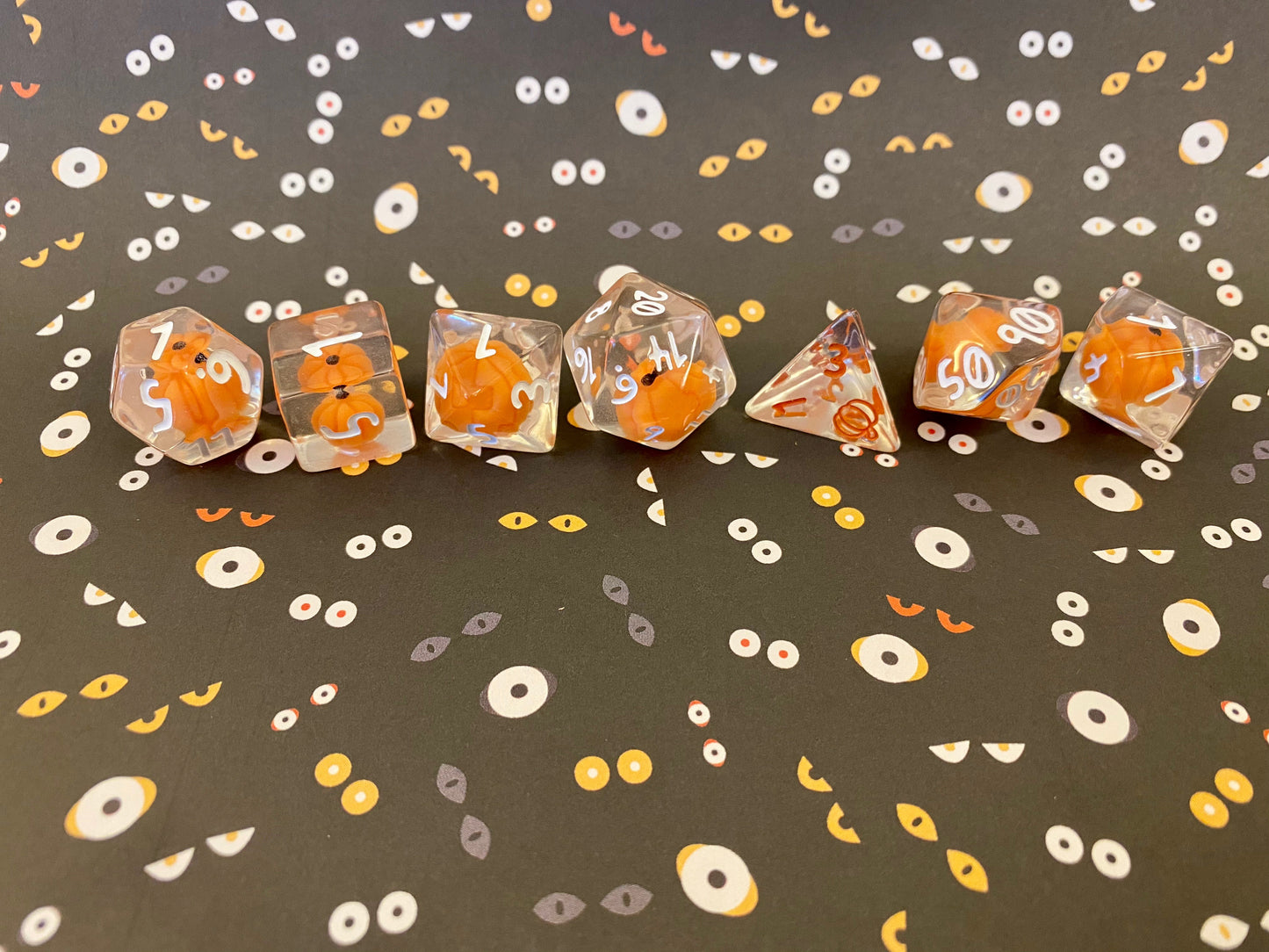 Pumpkin Polyhedrals- 7 pc Polyhedral Dice Set With Tiny Pumpkins Inside