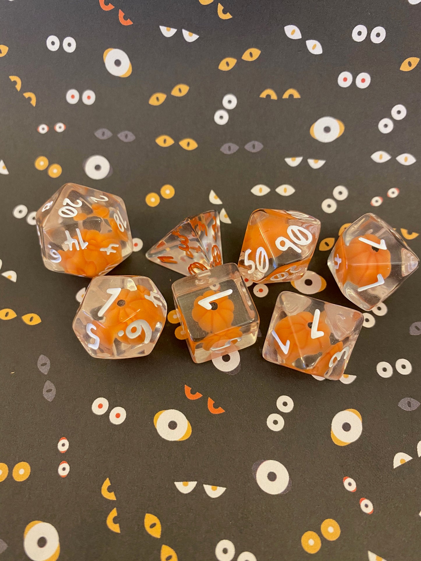 Pumpkin Polyhedrals- 7 pc Polyhedral Dice Set With Tiny Pumpkins Inside