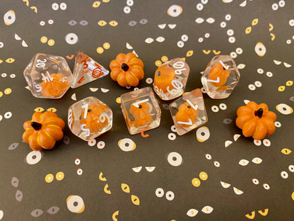 Pumpkin Polyhedrals- 7 pc Polyhedral Dice Set With Tiny Pumpkins Inside