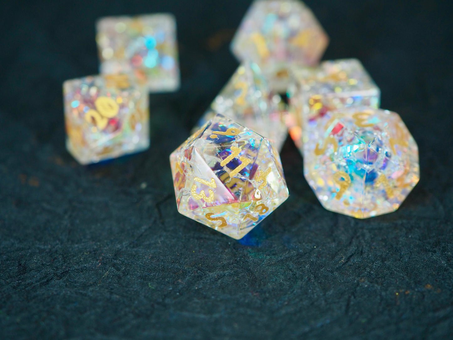 Chromatic Orb Rainbow Holographic Glass Dice Set